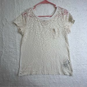 Hollister‎ White ivory Lace Front Pocket T-shirt Womens Medium.